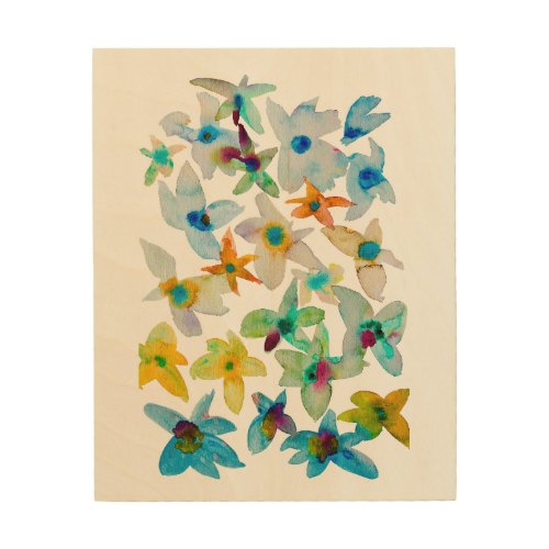 Watercolor whimsical blue flowers wood wall art