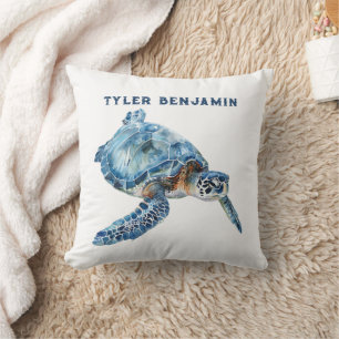 Watercolor Whimsical Blue Sea Turtle Throw Pillow