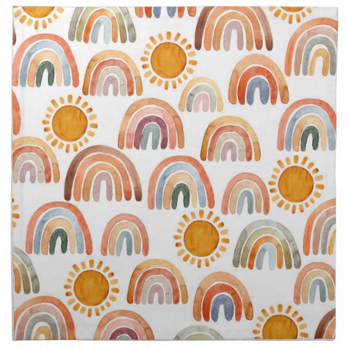 Watercolor Whimsical Boho Rainbow and Sun   Cloth Napkin