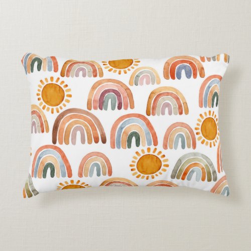 Watercolor Whimsical Boho Rainbow and Sun Kids  Accent Pillow