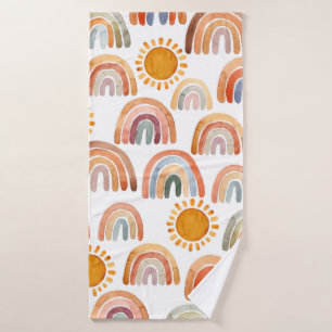 Watercolor Whimsical Boho Rainbow and Sun Kids Bath Towel