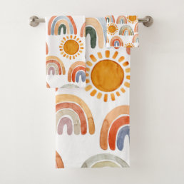Watercolor Whimsical Boho Rainbow and Sun Kids  Bath Towel Set
