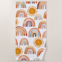 Watercolor Whimsical Boho Rainbow and Sun Kids  Beach Towel