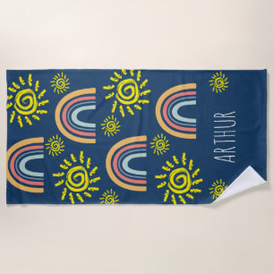 Watercolor Whimsical Boho Rainbow and Sun Kids Beach Towel