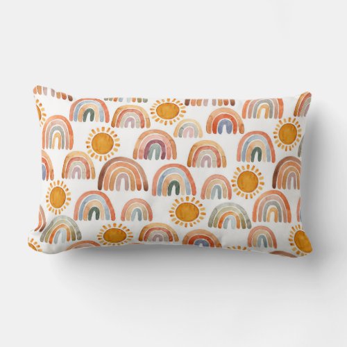 Watercolor Whimsical Boho Rainbow and Sun Kids   Lumbar Pillow
