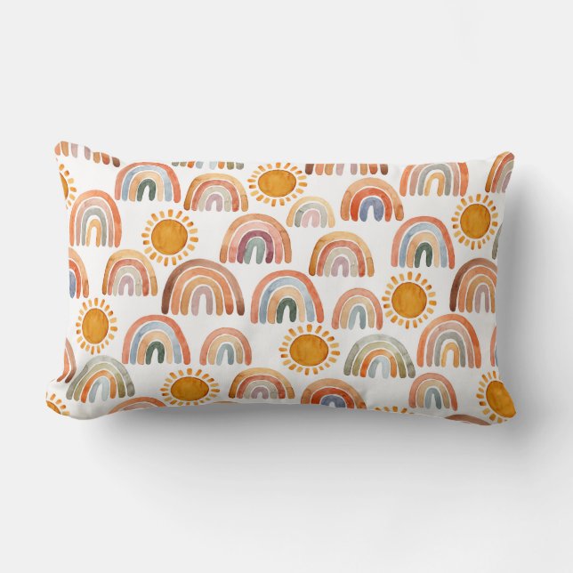 Watercolor Whimsical Boho Rainbow and Sun Kids   Lumbar Pillow (Front)