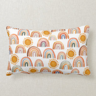 Watercolor Whimsical Boho Rainbow and Sun Kids Lumbar Pillow