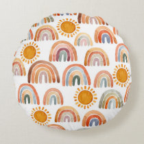 Watercolor Whimsical Boho Rainbow and Sun  Round Pillow