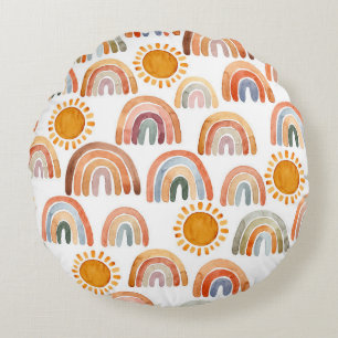 Watercolor Whimsical Boho Rainbow and Sun  Round Pillow