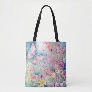 Watercolor Whimsical Butterflies and Flowers Tote Bag