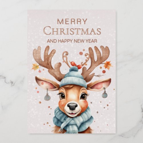 Watercolor Whimsical Christmas Reindeer Rose Gold  Foil Holiday Card