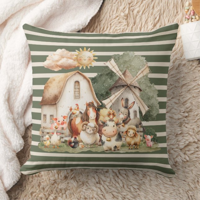 Watercolor Whimsical Farm Animals Throw Pillow (Blanket)