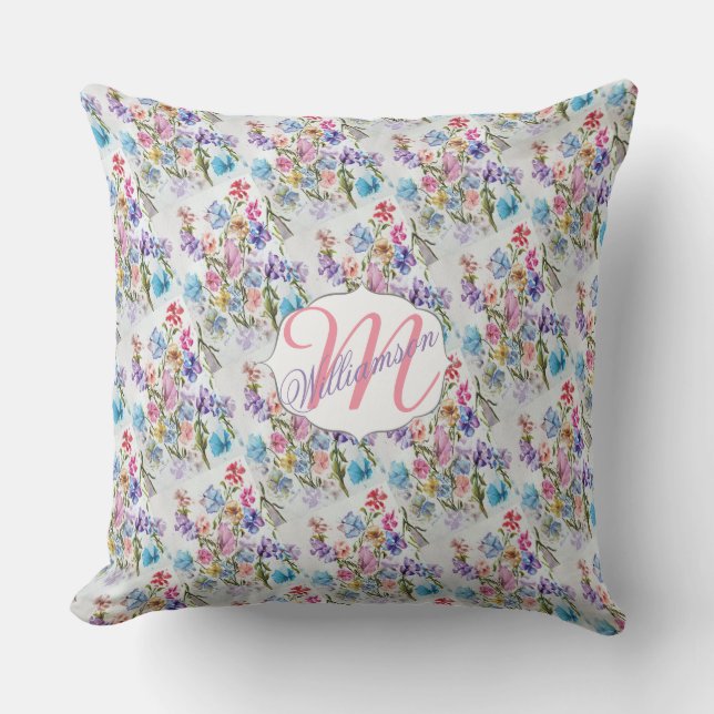 WATERCOLOR WHIMSICAL FLOWER PATTERN THROW PILLOW (Front)
