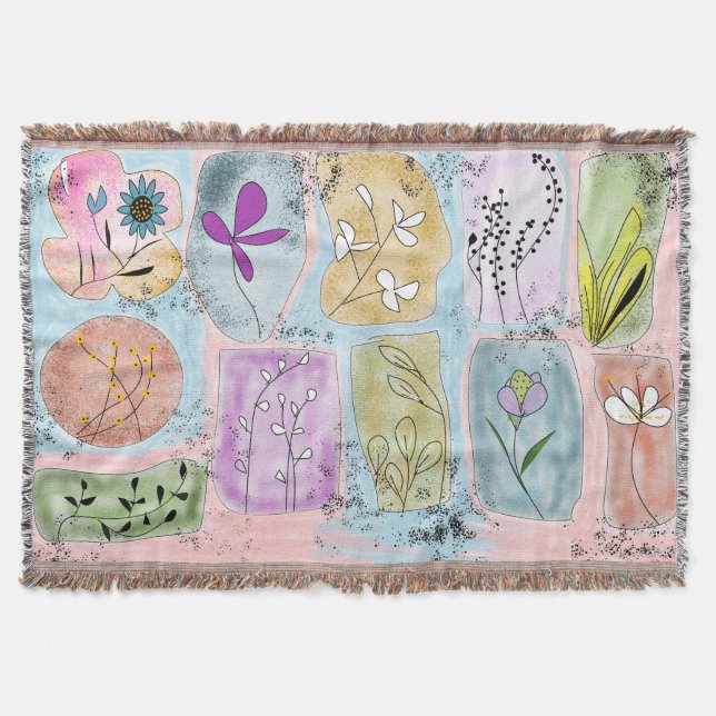 Watercolor Whimsical Flowery Doodle Throw Blanket (Front)