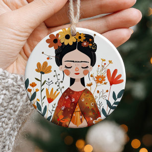 Watercolor Whimsical Frida Kahlo with Custom Photo Ceramic Ornament