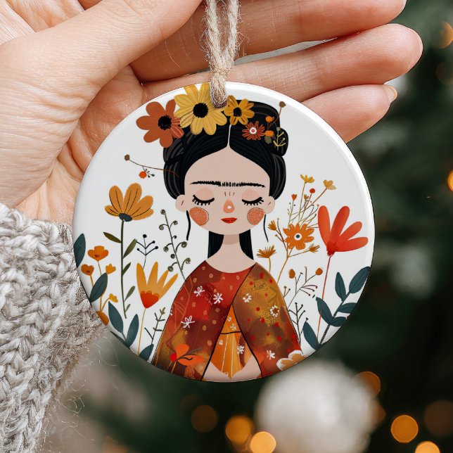 Watercolor Whimsical Frida Kahlo with Custom Photo Ceramic Ornament (Creator Uploaded)