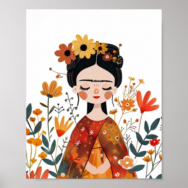 Watercolor Whimsical Frida Kahlo with Flowers Poster (Front)