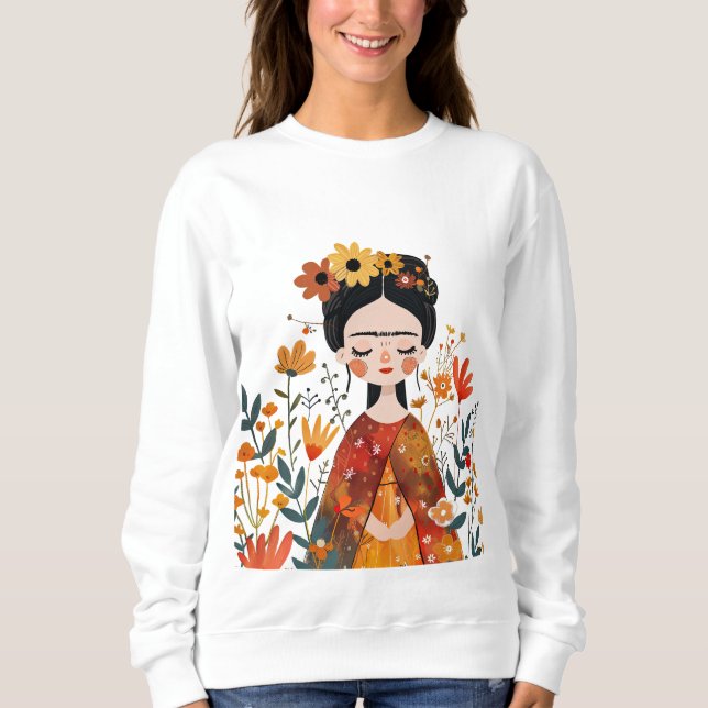 Watercolor Whimsical Frida Kahlo with Flowers Sweatshirt (Front)