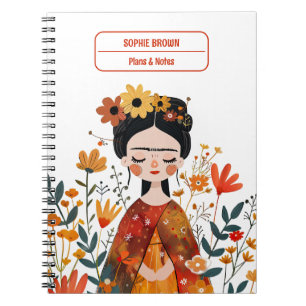 Watercolor Whimsical Frida Kahlo with Name Notebook