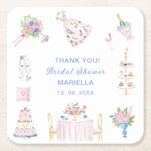 Watercolor whimsical hand drawn bridal shower Square Paper Coaster