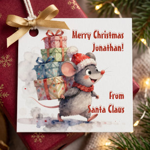 Watercolor Whimsical Mouse From Santa Kids Xmas Favor Tags