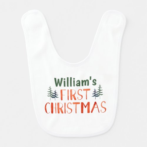 Watercolor Whimsical My First Christmas Name   Baby Bib