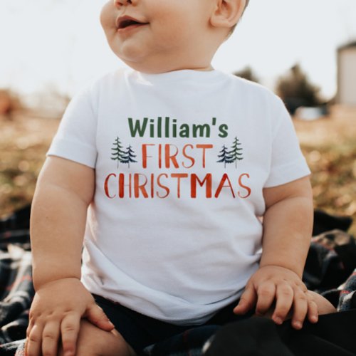 Watercolor Whimsical My First Christmas Name  Baby T_Shirt