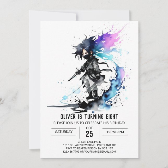 Watercolor Whimsical Ninja Boy Digital Birthday Invitation (Front)