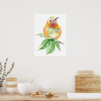 Watercolor Whimsical Rufous Hummingbird attitude Poster