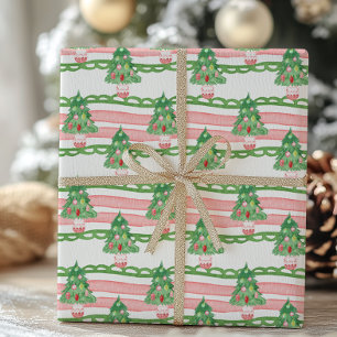 Watercolor Whimsical Striped Christmas Trees Wrapping Paper