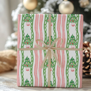 Watercolor Whimsical Striped Christmas Trees Wrapping Paper