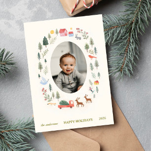 Watercolor Whimsical Winter Photo Happy Holidays Holiday Card