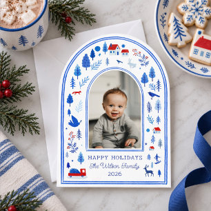 Watercolor Whimsical Winter Village Holiday Photo Card