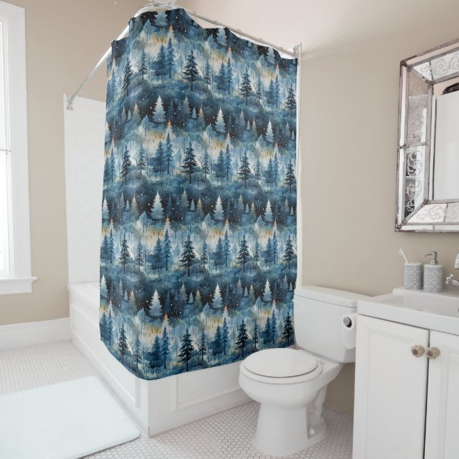 Watercolor Whimsical Winter Wonderland Christmas Shower Curtain (In Situ)