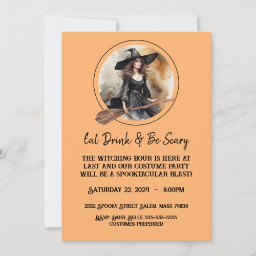 Watercolor Whimsical Witch Halloween Invitation