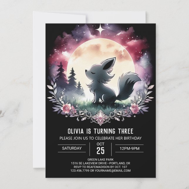 Watercolor Whimsical Wolf Birthday Invitation (Front)