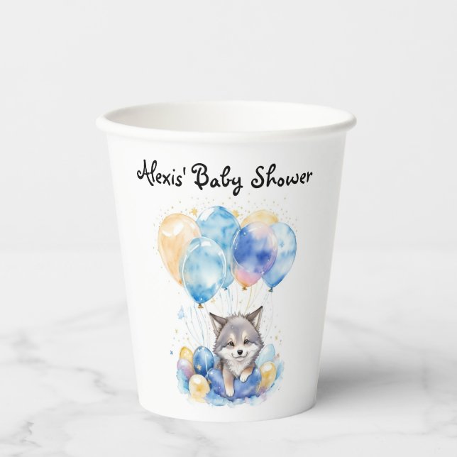 Watercolor Whimsical Wolf Cub Baby Shower Paper Cups (Front)