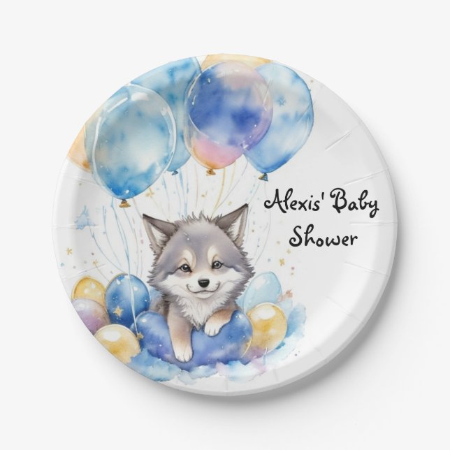 Watercolor Whimsical Wolf Cub Baby Shower Paper Plates (Front)