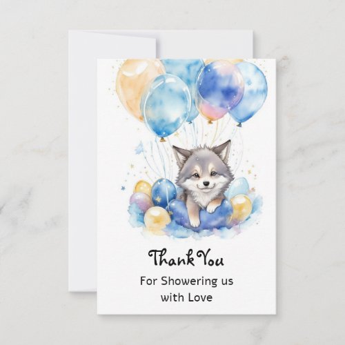 Watercolor Whimsical Wolf Cub Baby Shower Thank You Card