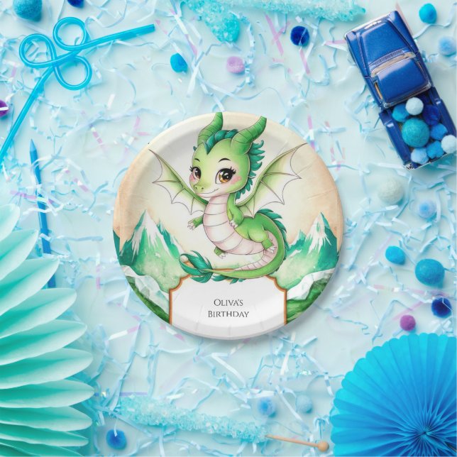 Watercolor Whimsy Dragon Birthday Paper Plates (Party)