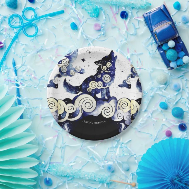 Watercolor Whimsy Wolf Birthday Paper Plates (Party)
