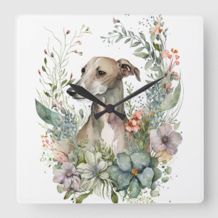 WATERCOLOR WHIPPET DOG WITH WILDFLOWERS SQUARE WALL CLOCK