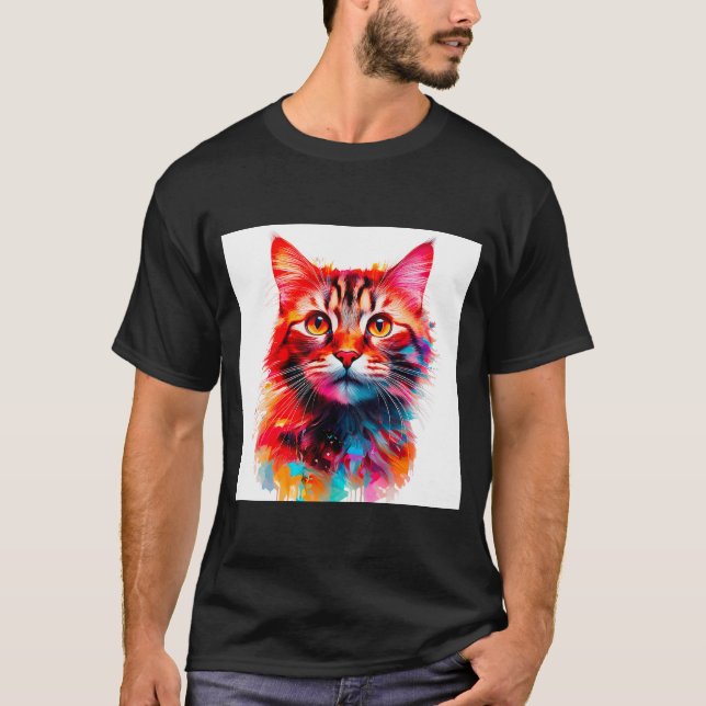 Watercolor Whiskers: A Vibrant Cat Portrait T-Shirt (Front)