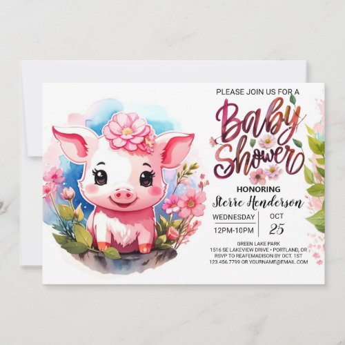 Watercolor Whispers Farm Pig Baby Shower Invitation