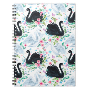 Watercolor white and black swan lake seamless patt notebook