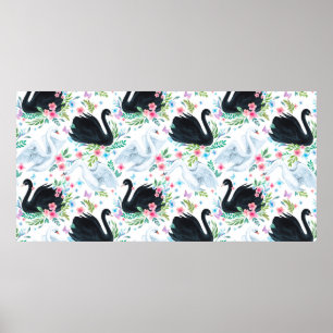 Watercolor white and black swan lake seamless patt poster