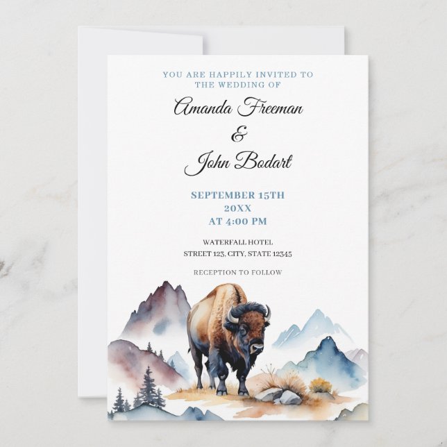 Watercolor White and Blue Buffalo Bison Wedding Invitation (Front)