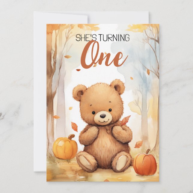 Watercolor White and Brown Bear Fall 1st Birthday Invitation (Front)
