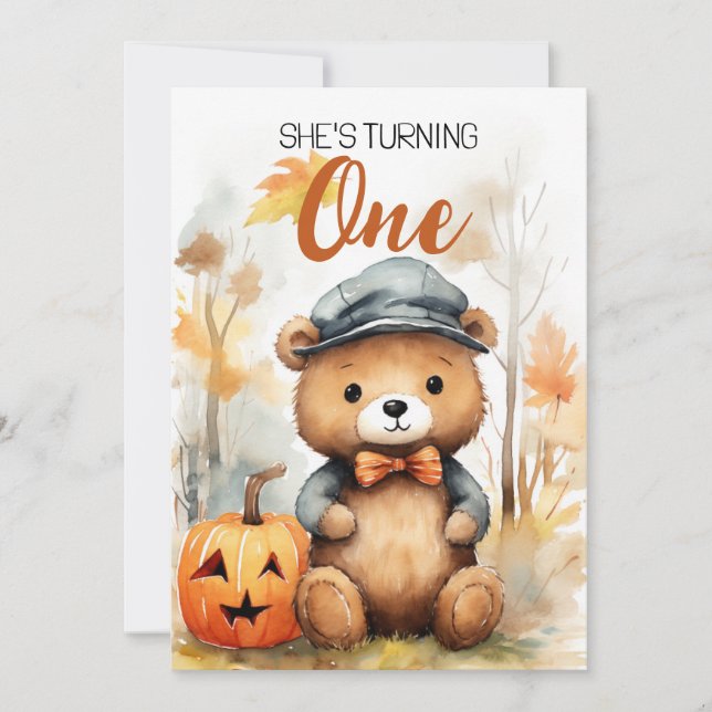 Watercolor White and Brown Woods Bear 1st Birthday Invitation (Front)