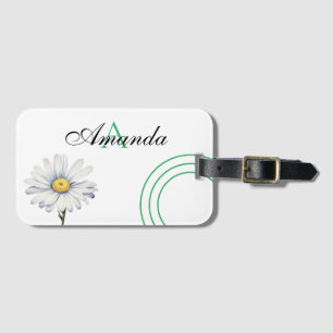 Watercolor White and Green Nice Daisy Monogramed Luggage Tag
